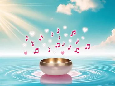 Atmosphère féérique fond de ciel bleu turquoise et azur rayons de soleil quelques petits nuages flottants sur les côtés. Et en bas au centre un bol de cristal de roche de sonothérapeute doù émanent des petits